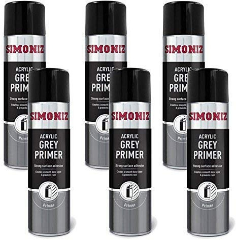 SIMONIZ 6 x GREY PRIMER QUALITY AEROSOL SPRAY PAINT CANS 500ml
