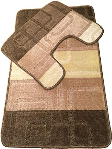 Machine Washable 2 Piece Bath Mat & Toilet Pedestal Set Non Slip (Brown/Beige Stripe Square)