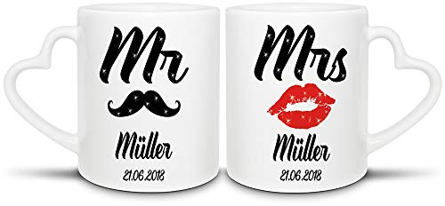 Pärchen-Tassenset für Sie & Ihn Mr. & Mrs. - Bart & Kussmund - 2er Set Herzhenkel - Liebe/Beziehung/Paar/Geschenk-Idee nicht nur zum Valentinstag