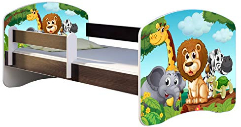 ACMA Kinderbett Jugendbett mit Einer Schublade und Matratze Wenge mit Rausfallschutz Lattenrost II 140x70 160x80 180x80 (02 Animals, 140x70)