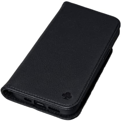 PORTER RILEY - Leather Case for iPhone 12 Pro Max (6.7). Premium Genuine Leather Stand/Cover/Wallet/Flip Case with Card Slots, Horizontal Stand (Pure Black)