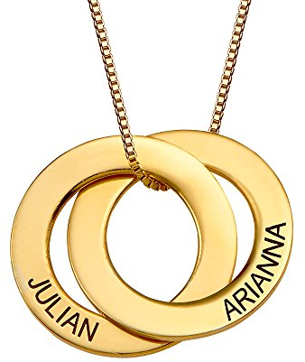 MyNameNecklace MYKA Personalisierte Russische Ring Halskette mit Gravur auf Zwei Ringen - Weihnachten Graviert Name Schmuck Geschenk für Damen - Mutter (Gold Vermeil)