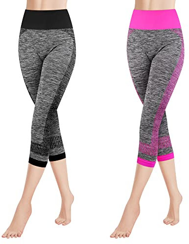 Libella Lot de 2 Femme Legging 3/4 Capri Pantalon de Sport Legging de Sport Taille Haute Multicolore Pantalon de Course Strech Fitness Caprihose 4119 Noir Rose S M