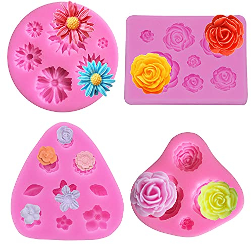 Pamtns Stampo per fiori, patate da zucchero, 4 pezzi, stampo in silicone rosa, stampo in silicone, stampo per pasta di zucchero, stampo in silicone, decorazione per torte, stampo per pasticceria,