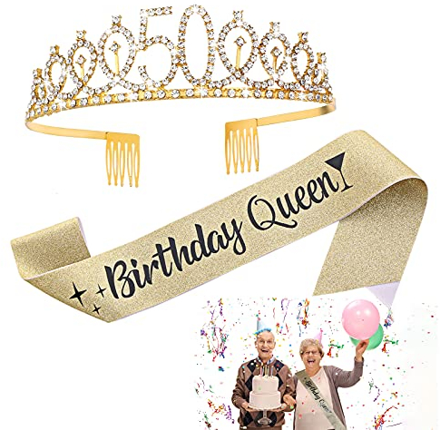 Aster Geburtstagskrone 50. Geburtstag Krone und Schärpe für Mädchen, 50th Birthday Queen Schärpe Tiara-Set, Prinzessin Strass Birthday Party Dekorationen, 50. Geburtstags Tiara