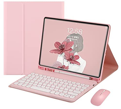 HENGHUI Keyboard Case with Mouse for Galaxy Tab A7 10.4 inch (SM-T500/T505/T507) 2020 Tablet, Bluetooth, Pink, Round Key Cap, Magnetic Detachment, Built-in Pencil Holder