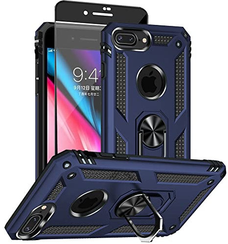 Aozuoton for iphone 8 Plus Case, iphone 7 Plus Phone Case with HD Screen Protector, [Military Grade 16ft. Drop Tested] Ring Shockproof Protective Phone Case for iphone 8/7 Plus Blue