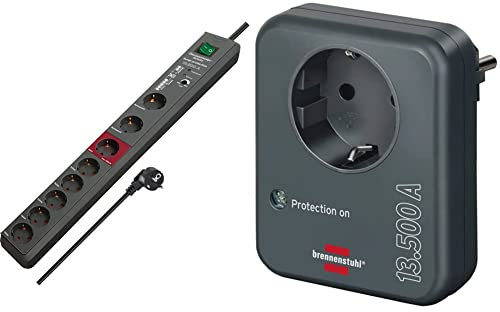 Brennenstuhl Secure-Tec, Steckdosenleiste 8-Fach (mit 3m Kabel und Schalter) anthrazit & Steckdosenadapter mit Überspannungsschutz 13.500 A (Adapter als Blitzschutz für Elektrogeräte) anthrazit