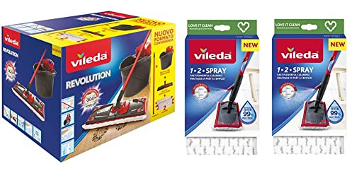 Vileda - All Floor Cleaning System with Bucket, Drainer and Stand with Microfibre Cloth - Black/Red & 1-2 Spray Microfibre Pads Refill Mop Head Replacement Set, (Pack of 2)