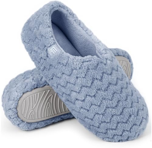 FamilyFairy Women's Memory Foam Slippers Soft Sherpa Lining Lightweight House Shoes Blue, UK6-7