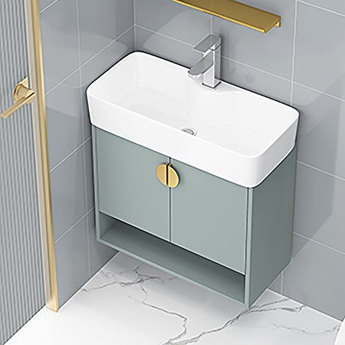 Waschbeckenunterschrank hängend,badezimmer unterschrank waschbecken,badezimmerschrank hängend,moderner schwimmender Schrank mit Harz Waschbecken, mit weißem Keramikbecken Waschbecken ( Color : Green ,