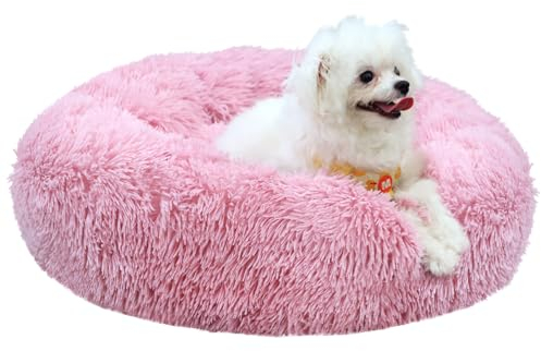 MDDK DY Hundebett Katzenbett Flauschig Rund, Katzenkorb 60CM Pink,Waschbar,Hundekorb,rutschfeste Unterseite, Hundematte, Plüsch Hundekissen,Hundekörbchen Kleine Mittlere Große Hunde,Katzen