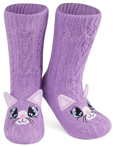 Chaussettes Chaussettes Antidérapantes Femme Hiver, Chaussons Chaussettes Femme Animaux Fantaisie, Cadeau Cocooning Femme Taille Unique 37-41 (Violet Chat)