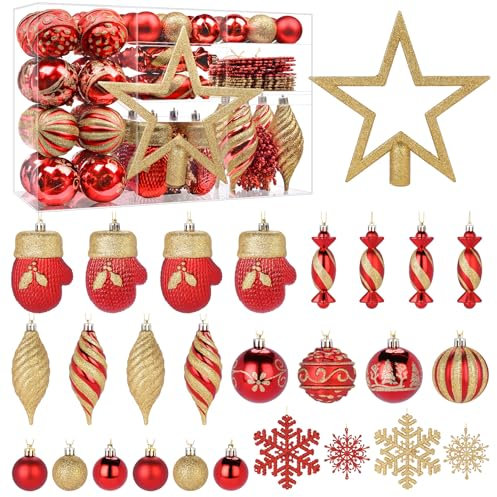 Alupssuc 80Pcs Christmas Baubles Ornaments Set, Shatterproof Plastic Christmas Hanging Balls with Hooks for X-mas Party Wedding Holiday, Red & Gold