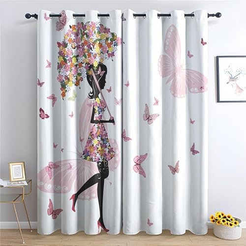 Rideau Occultant Fille De Fleur De Papillon, Rideaux Thermiques à Oeillets pour Salon Chambre Fenetre, Motif Enfant Adolescents Rideaux Lot De 2 Moderne Décoration De Fenêtre, 140x200 cm (L x H)