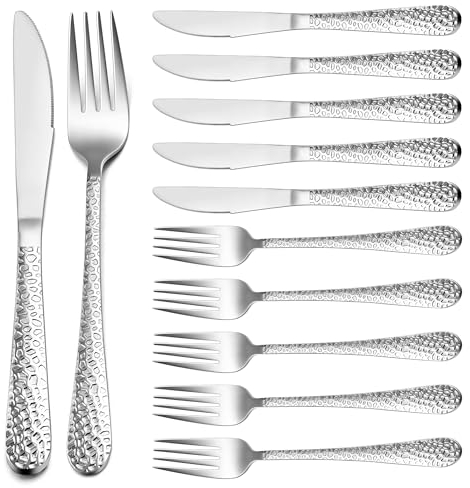 HaWare Steakbesteck Set, 12-teiliges Edelstahl Tafelmesser und Tafelgabel für 6 Personen, Messer und Gabel Besteck Set mit Hammergriff, Steakmessr Set für Haus/Party/Restaurant, Spülmaschinenfest