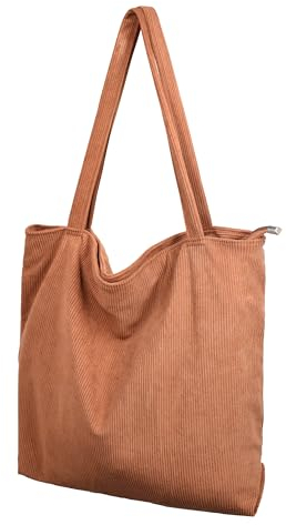 Cord Tasche Damen Umhängetasche Tote Bag Kord Damen Shopper Handtasche mit Reißverschluss Schultertaschen Henkeltasche Große Kapazität für Arbeit Büro Reisen Einkauf Schule Alltag braun