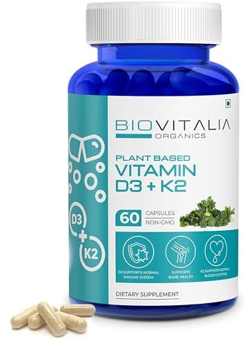 Biovitalia Plant Based Vitamin D3 + K2 High Strength 1000mg Capsules for Men & Women | Vitamins for Bone & Joint Calcium Absorption Promote Bone Density Supports Joint Mobility| - 60 Vegan Capsules