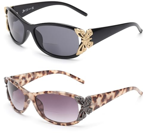 JM 2 Pack Sonnenbrille mit Sehstärke für Damen, Mode Lesesonnenbrille Schmetterling Lesebrille UV400 Schutz Schwarz & Graue Schildkröte +3.5