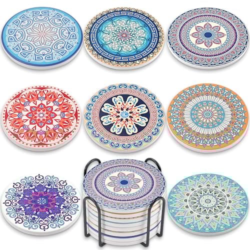 Newk Lot de 8 dessous de verre absorbants en céramique avec support en métal, motif mandala clair et coloré pour table basse, excellent cadeau de pendaison de crémaillère