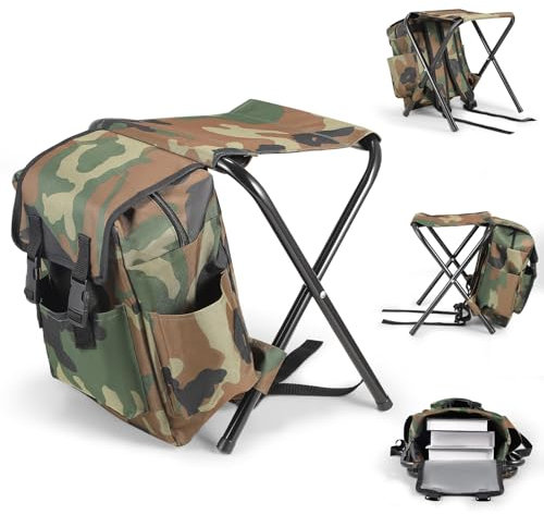 Fishing Stool Backpack, Folding Camping Chair with Backpack, Portable Fishing Tackle Seat Bag, Waterproof Rucksack with Seat 100kg Max Load for Hiking Fishing Picnic Travel Beach BBQ, 10L, Camouflage