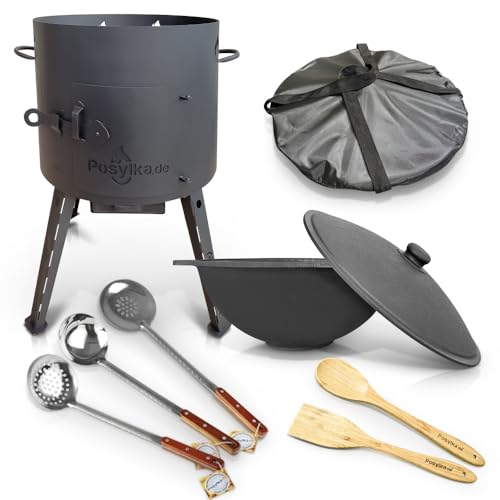 Utschak Feuerofen mit Gusseisen Topf flacher Boden mit Deckel 12 L Ø 40 cm Kazan Holzlöffel: Schöpfkelle Schaumlöffel Spachtel aus Holz, Abdecktasche für Kasan Учаг Uchag казан Kasan Oven (Set 6)