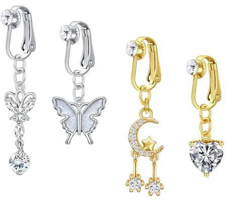 MODRSA 14G Faux Piercing Nombril Acier Chirurgical Papillon Lune Forme Cœur CZ Faux Percing au Nombril Argent Piercing Nombril Anneau Clip On Femme