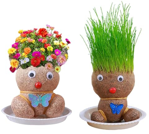 Blumenkopf Graskopf Puppen Pflanze, 2 Blumenkopf Graskopf Bonsai Mit Tablett Für Garten Zuhause Dekoration, Züchten Sie Ihre Eigene Pflanze, Lustiges Geschenk Für Kinder Herren Damen Jungen Mädchen