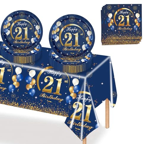 MORAINJAY 37Pcs Birthday Tableware Set for 21,Navy Blue Gold Tableware Set for 21st Birthday Party with Plates,Napkins,Tablecloth,Dinnerware Set for 21,Party Supplies Table Decor for Him,Men,Adults