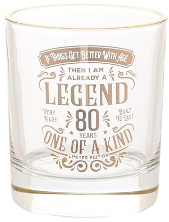 Harvey Makin Legend Gifting Series Tumbler Drinking Glass – 80 Years – Classic Style Whiskey Gold Rim Glass with Unique 'Legend’ Funny & Personal Birthday Gift. (Height: 9cm x Width: 8cm)