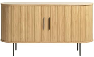 Liadomo Uriel Sideboard - Kommode mit Lamellen-Optik Schiebetüren - Moderner Retro Look - 2 Einlegeböden & hohe Metallfüße - Eiche Natur Furniert 140x76x45cm