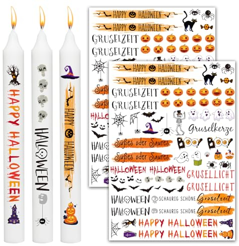 BOOMTOP 2x Kerzen Tattoo Halloween Kerzen Deko Bunte Happy Halloween Kerzenaufkleber Kürbis Rub on Sticker Tattoofolie Kerzensticker für Stabkerzen Kleine Kerzen Keramik DIY Geschenk