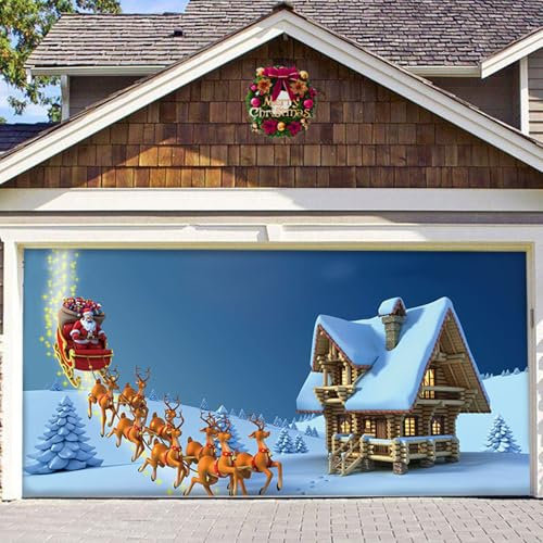 Hiseng Weihnachten Garagentor Banner, Große Halloween Garage Dekorationen, Outdoor Deko für Party (210x480cm, Weihnachtshäuschen)