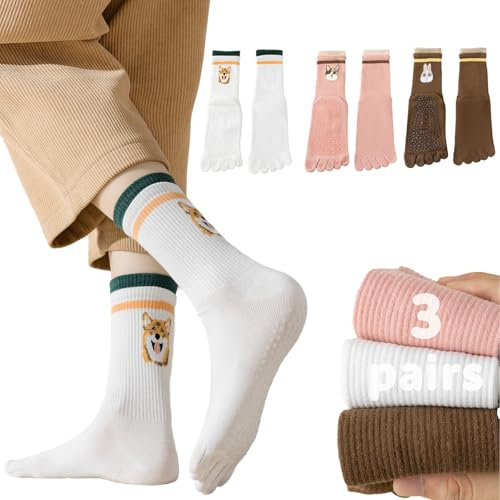 Sunolkie Rutschfeste Yoga-Socken für Damen – 3 Paar rutschfeste Zehensocken für Yoga, Pilates, Ballett, Tanz, Fitness, Barfußball, Gymnastik, mehrfarbig, Einheitsgröße