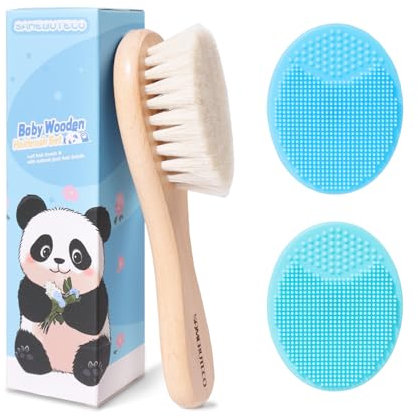 SAMEBUTECO Baby Hair Brush and Cradle Cap Brush Set Goat Hair Bristles Brush 2 Pieces Silicone Cradle Cap Brushes Wooden Handle Newborn Brush Kit for Newborns and Toddlers 3 Packs