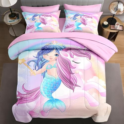 WeCozy 7-teiliges Queen-Size-Bettdecken-Set mit 2 Kissenbezügen und 2 Kissenbezügen, süßes Einhorn-Meerjungfrau-Bettwäsche-Set für Kinder und Erwachsene, Liebes-Kinderbett in einer Tasche mit