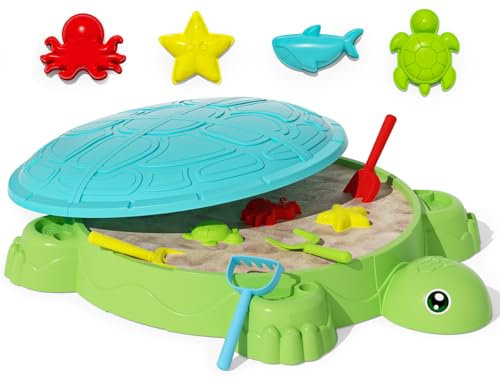 maysida Bac à sable tortue pour enfants avec couvercle, jouets avec couvercle pour tout-petits de 3 à 5 ans, 8 pièces de jouets à sable, ensemble de jouets pour l'été, la plage, l'extérieur