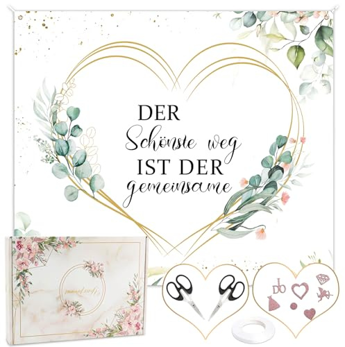 Yeria Hochzeitslaken Boho Set – Hochzeitsspiel Herz zum Ausschneiden – Inkl. 2 Scheren, 10m Seil, Konfetti & Geschenkbox – 200x180cm Laken mit Spruch für Brautpaar & Fotos