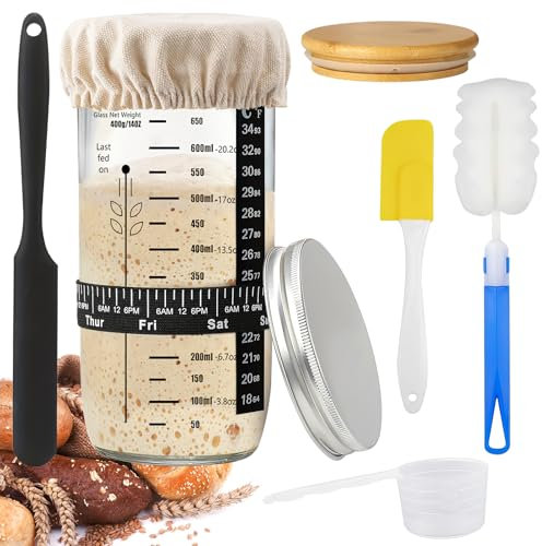 HZYIQ Sauerteig Starter Set, 650ml Sauerteig Glas mit Holzdeckel, Aluminiumabdeckl, Gummiband, Thermometerpapier, Silikon-Spatel, Stoffhut, Sauerteig Gärglas und Zubehör für Brotbacken, Fermentieren