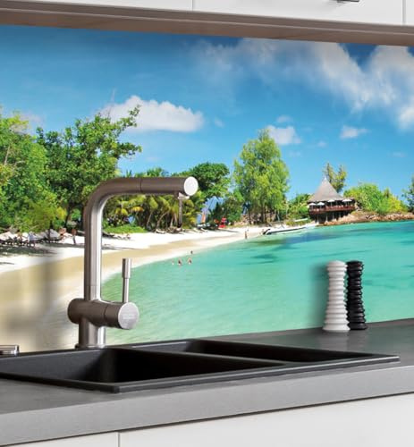 MyMaxxi Küchenrückwand selbstklebend – Matte, versteifte Spritzschutz Folie als günstige Alternative zu Glas, einfache Montage & leichte Reinigung – Motiv: Landschaft Palmen Strand B 400 cm x H 60 cm