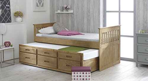 MissionTM Captains Pine Wooden Guest Bed Frame with Trundle & 3 Storage Drawers – 3FT Single – Solid Pine & MDF – White or Wax Finish – Space Saving Guest Bed for Kids, Teens, Adults (Natural Waxed)