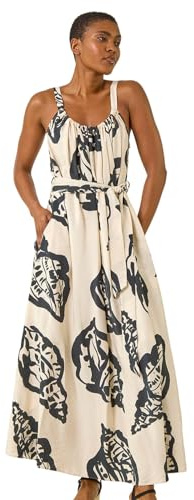 Roman Originals Strappy Shell Print Maxi Dress for Women UK - Ladies Everyday Holiday Spring Summer Round Neckline Comfy Soft Evening Vacation Work Party - Ivory - Size 18