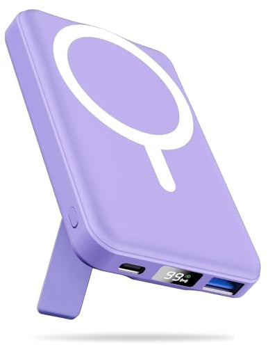 AOGUERBE Batterie Externe Magnétique 10000mAh pour iPhone 12-17 Séries | Charge Rapide 22.5W PD + 15W Wireless Power Bank, Pliable Stand, Affichage LED, Format de Poche, Voyages et Quotidien, Violet