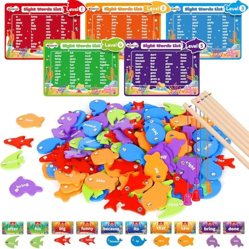 ALUNME Wooden Fishing Sigh Game Toy for Toddlers, 456 Pcs Fishing Sight Words Game Alphabet Fish Catching Puzzle Games for Kids, Montessori Toys Gift for Boys Girls