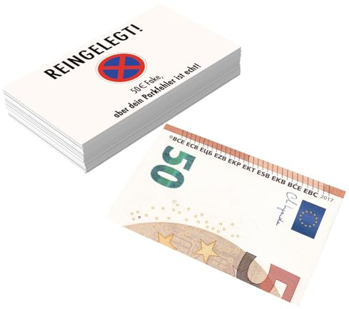Falkenhorn Lustige 50 € Euro Parkkarten 50er-Pack – Humorvolle Fake Strafzettel für Falschparker – Witzige Spaßartikel & Geschenkidee für Autofahrer, wetterfest, Made in Germany, Auto Gag Karten