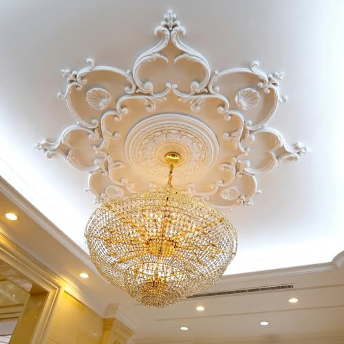 Nuanchu 38.6'' Large PU Ceiling Medallion Combination Decorative 2.36'' ID French Style Chandelier Base Ceiling Medallion for Light Fixtures Victorian Rosette Light Covers for Chandeliers(Lively)
