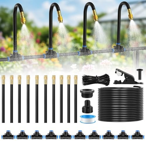 YAOBLUESEA Kit de Riego Automático Aspersión y Goteo 360°, Boquilla de Latón Ajustable, Manguera 10m, 10 Puestos, Fácil Instalación para Jardín Balcón