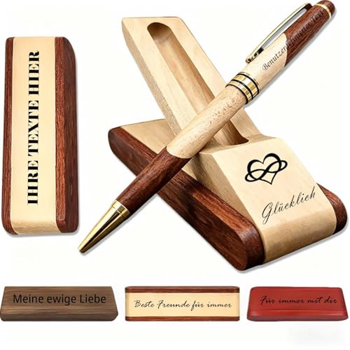 Personalisierter Holzkugelschreiber mit Gravur und Etui mit Ständerfunktion | Naturholz, Wechselmine, Schreibkomfort, Wendbares Etui als Ständer, Büro, für Männer und Frauen, Geburtstag und Ruhestand