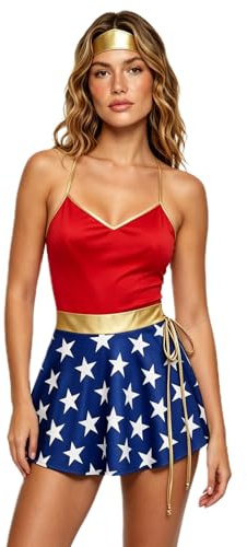 Superhelden-Kostüm-Set für Damen, mit Umhang, Halloween, Cosplay | Helden-Kostüme für Damen, Goldbesatz, Spaghettiträger-Top, Stern-Mini-Shorts und roter Umhang, 3er-Set für Halloween