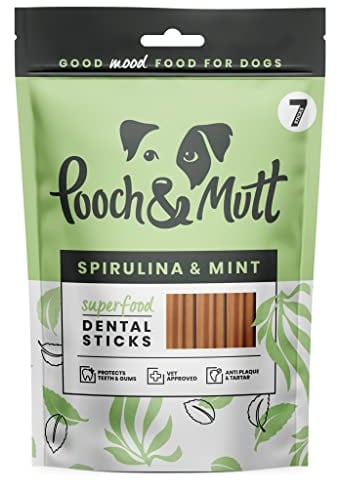 Pooch & Mutt - Superfood Dental Sticks für Hunde, Dental Sticks mit Spirulina- und Minzegeschmack für Hunde, 1 Packung mit 7 Sticks